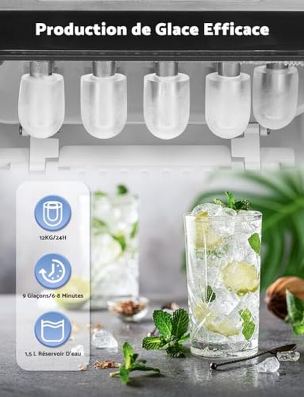 Découvrez notre test détaillé de la machine à glaçons capable de produire 12kg en 24h. Avec cuillère réversible, elle s'intègre parfaitement à votre cuisine pour des boissons toujours fraîches.