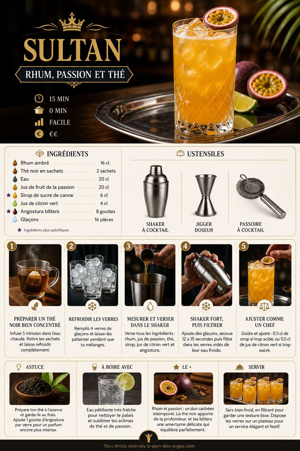 Fiche recette Recette cocktail Sultan : rhum, passion et th&eacute;