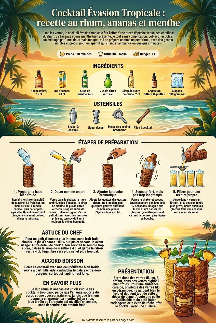 Fiche recette Cocktail &Eacute;vasion Tropicale : recette au rhum, ananas et menthe