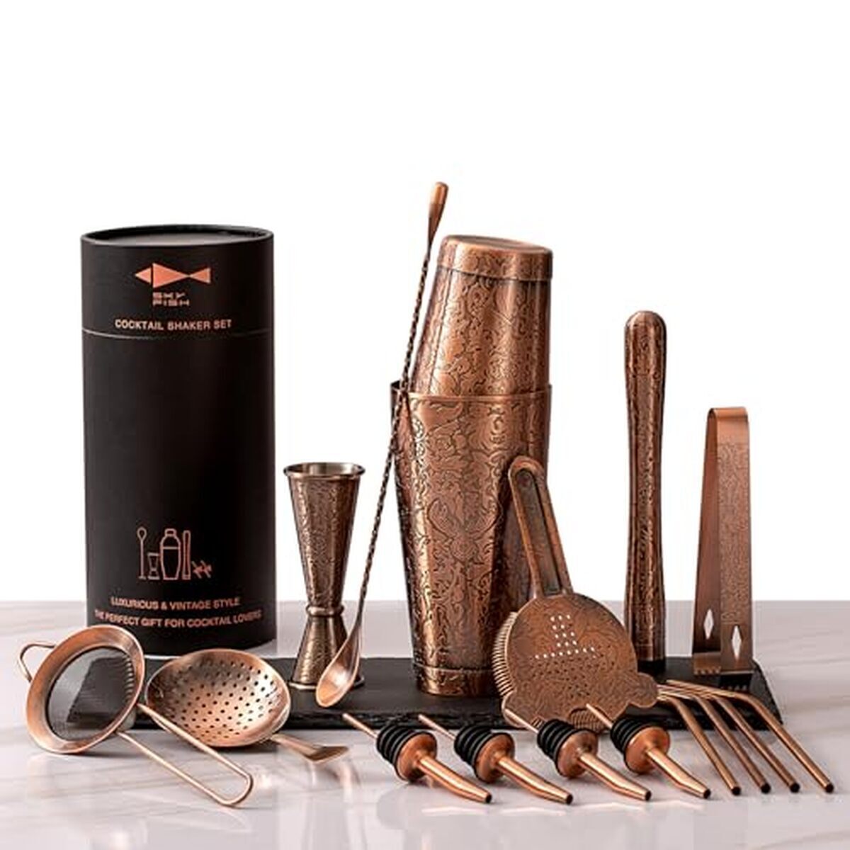 Test du shaker à cocktail boston sky fish® en cuivre antique, kit 18 pièces