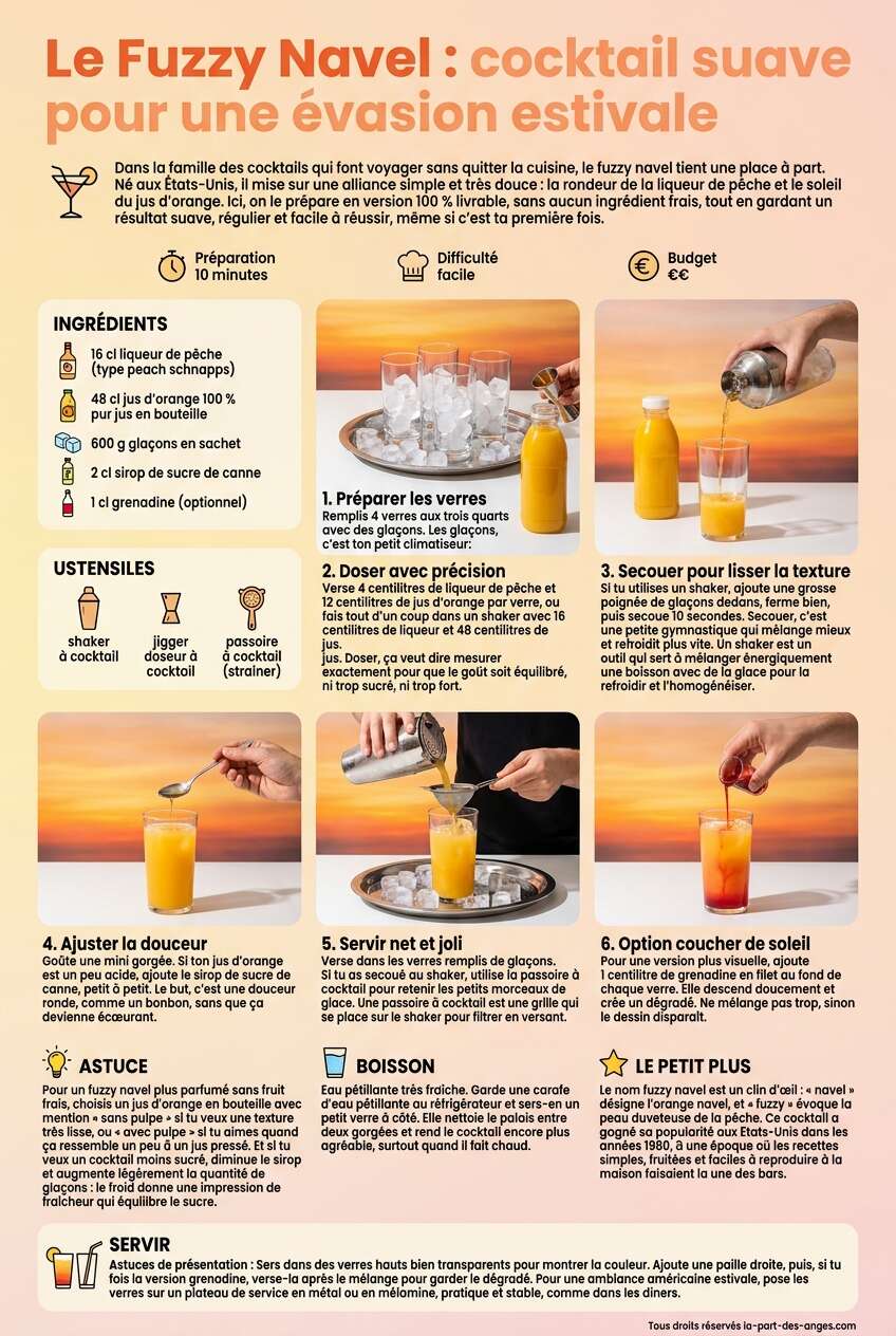 Fiche recette Le Fuzzy Navel : cocktail suave pour une &eacute;vasion estivale