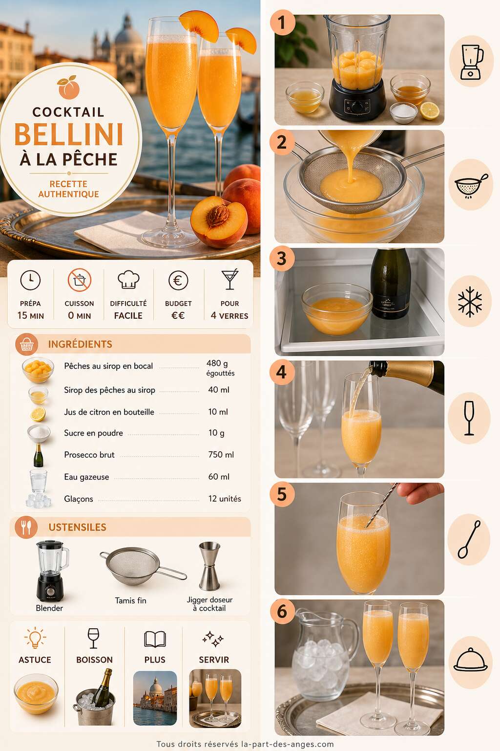 Fiche recette Cocktail Bellini &agrave; la p&ecirc;che : recette authentique