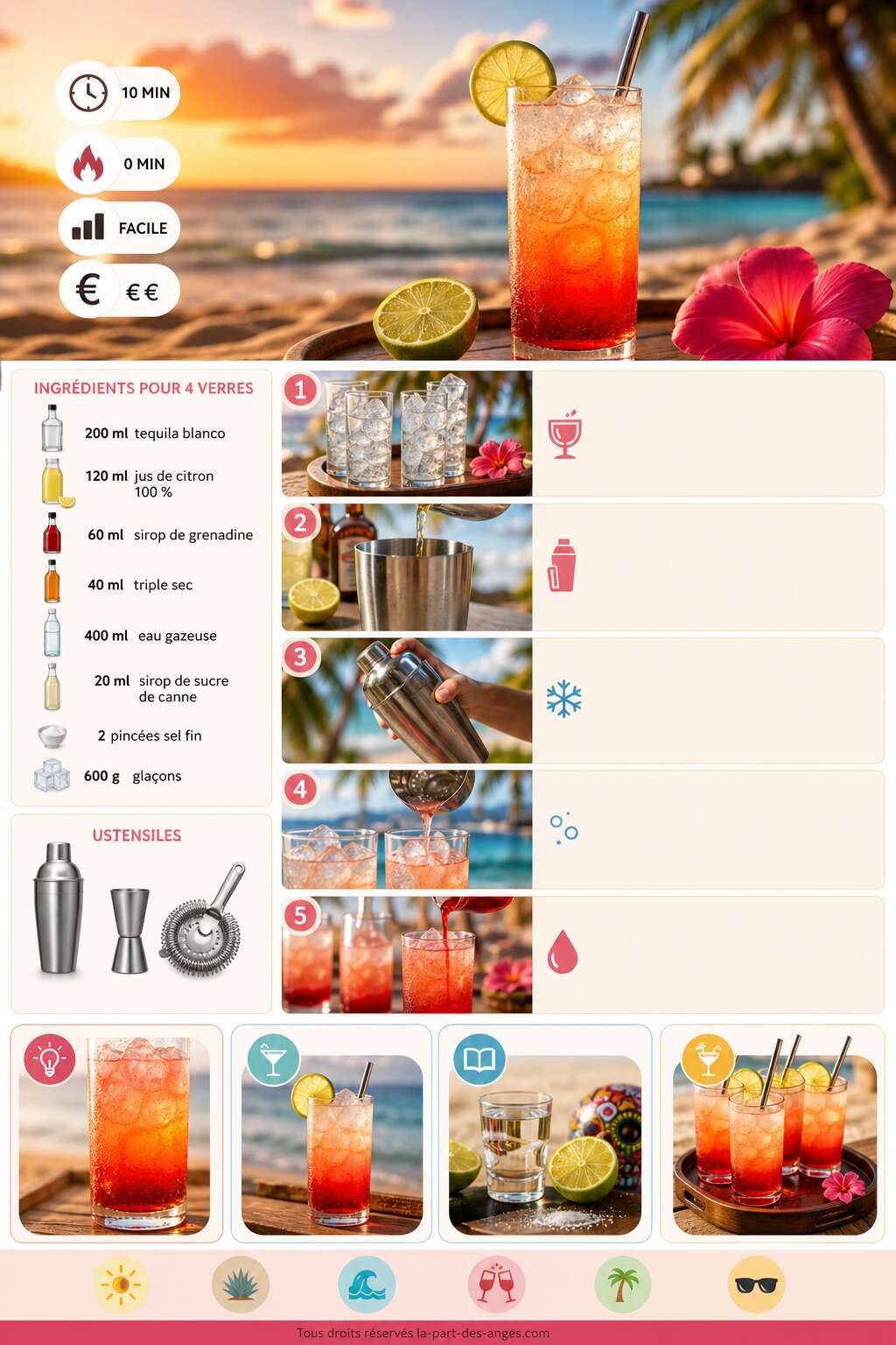 Fiche recette Cocktail d'&eacute;t&eacute; &agrave; la Tequila, citron et Grenadine : recette de f&ecirc;te sur la plage