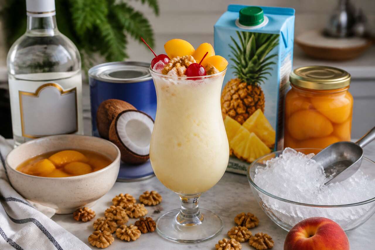 Recette de cocktail pi&ntilde;a colada &agrave; la p&ecirc;che et &agrave; la noix