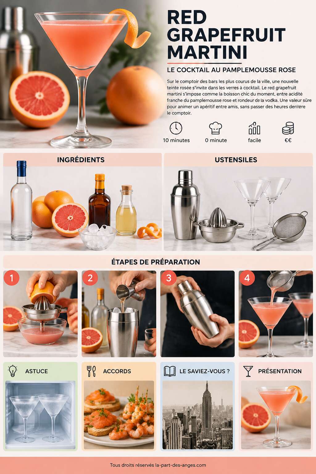 Fiche recette Recette du red grapefruit martini : le cocktail au pamplemousse rose Fiche recette Recette du red grapefruit martini : le cocktail au pamplemousse rose